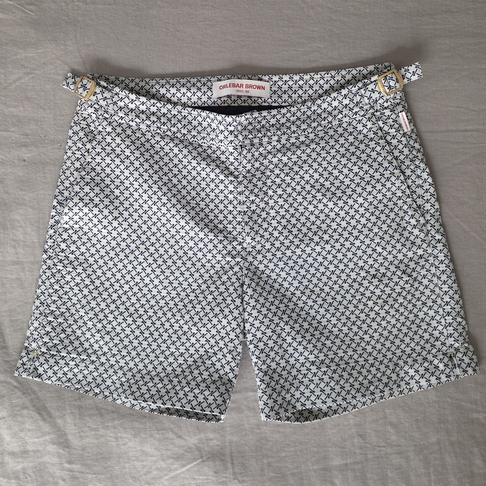 Orlebar Brown Bulldog Swim Shorts Size 30 White Navy Geometric Print Gold Side A